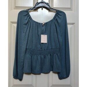 LC Lauren Conrad TOP BLOUSE WOMEN'S SIZE XS SCRUB BLUE PEPLUM SHIRRED WAITS 102
